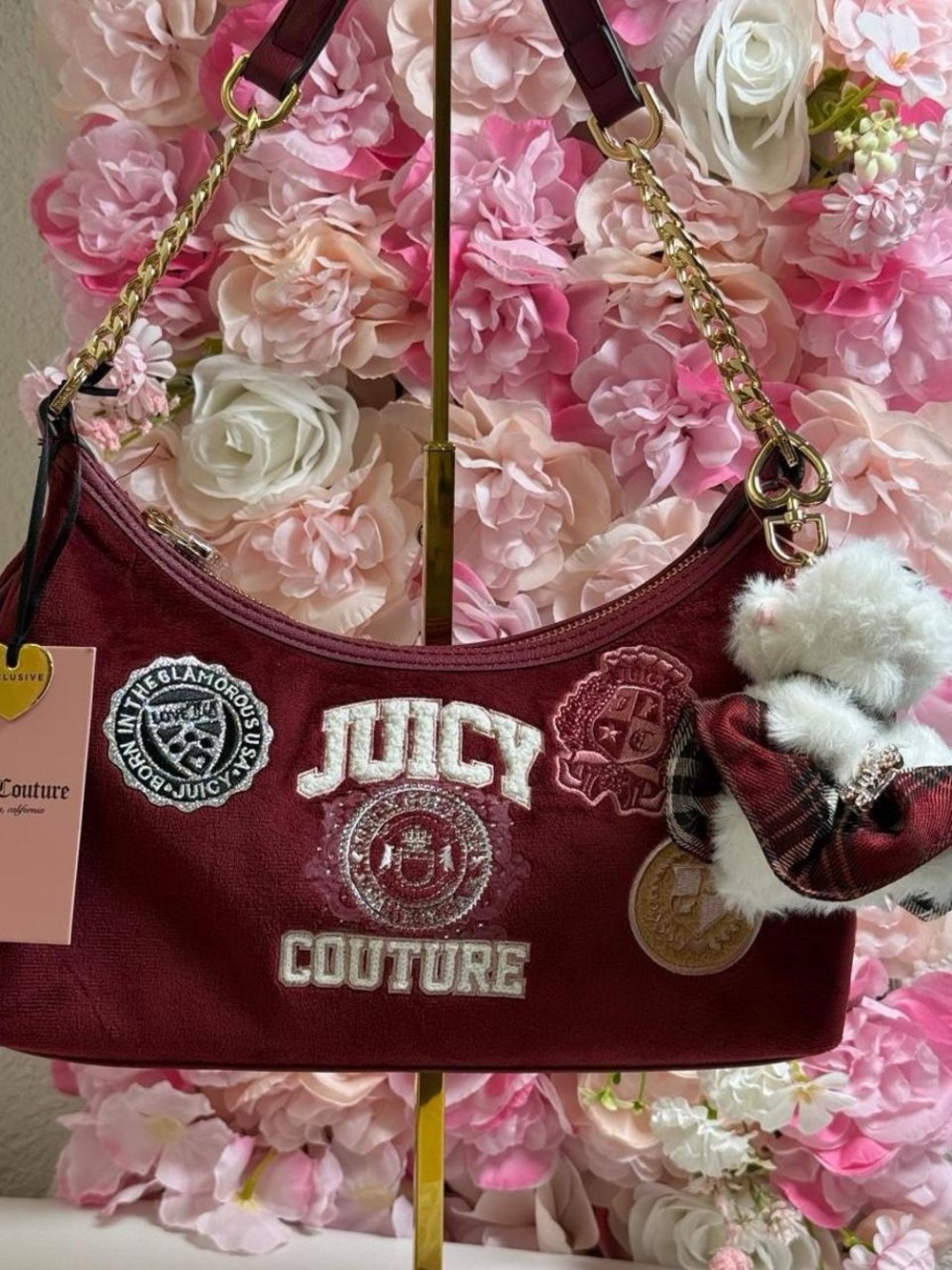 Juicy Couture Burgundy Logo Patch Shoulder Bag with Plush Charm